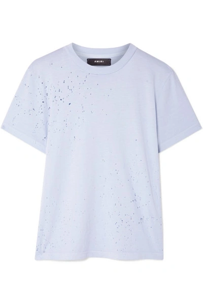 Shop Amiri Distressed Stretch Cotton-jersey T-shirt In Light Blue