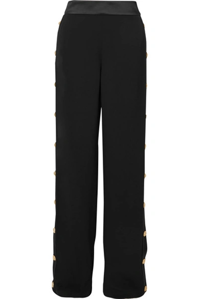 Shop Balmain Button-embellished Crepe Wide-leg Track Pants In Black