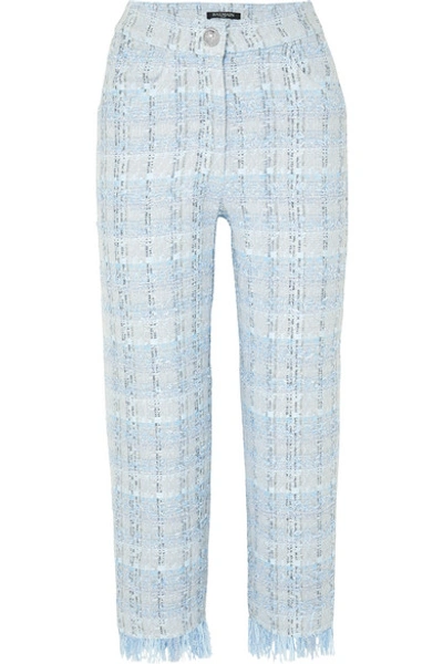 Shop Balmain Cropped Metallic Tweed Straight-leg Pants In Blue