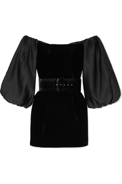 Shop Rasario Belted Satin-trimmed Velvet Mini Dress In Black