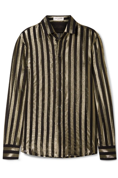 Shop Saint Laurent Striped Metallic Silk-blend Chiffon Shirt In Black