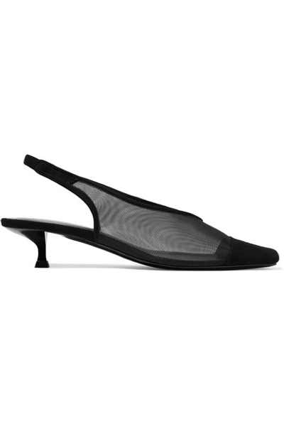 Shop By Far Kendall Suede-trimmed Mesh Slingback Pumps In Black
