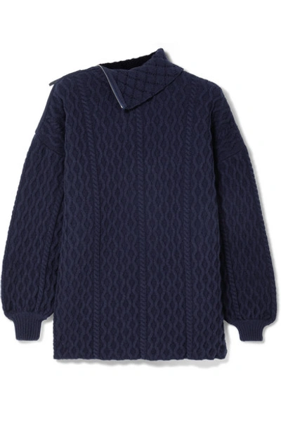 Shop Loewe Zip-detailed Cable-knit Wool-blend Turtleneck Sweater In Navy