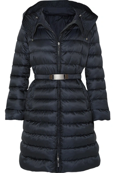 Shop Max Mara The Cube Hooded Belted Quilted Shell Down Coat In Navy