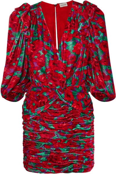 Shop Magda Butrym Mundo Ruched Floral-print Velvet Mini Dress In Red