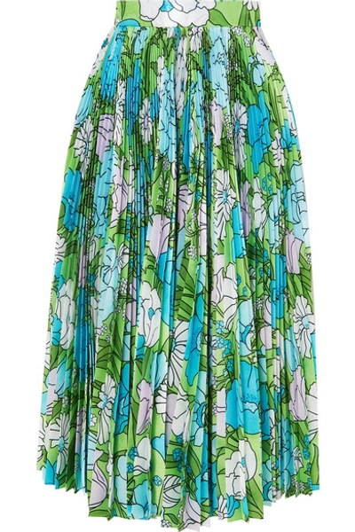 Shop Richard Quinn Pleated Floral-print Silk Midi Skirt In Blue