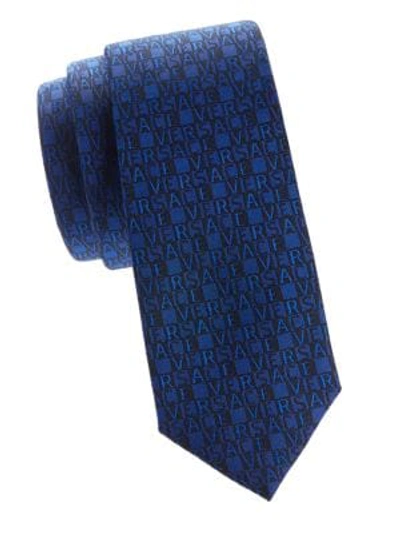Shop Versace Logo Silk Tie In Dark Blue