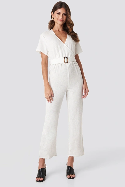 Shop Na-kd Overlapped Belted Linen Look Jumpsuit White In Off White