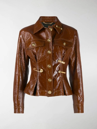Shop Versace Safety Pin Buttoned Jacket In Brown