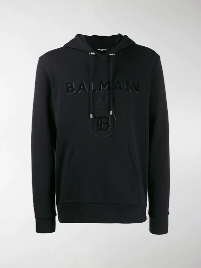 Shop Balmain Velvet Logo Hoodie In Black