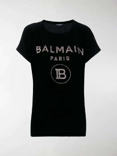 Shop Balmain Glitter Logo Velvet T-shirt In Black
