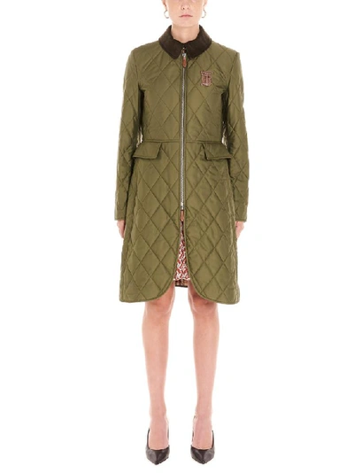 Shop Burberry Quilted Logo Crest Coat In Green