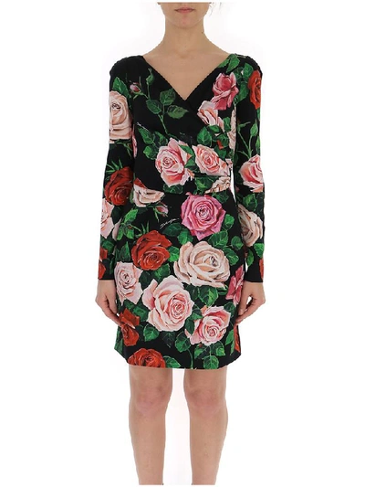 Shop Dolce & Gabbana Floral Print V Neck Wrapped Dress In Multi