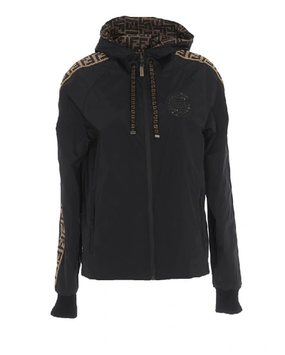 Shop Fendi Monogram Trim Hooded Jacket In Black