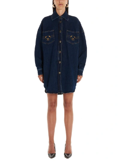 Shop Moschino Teddy Embroidered Shirt Dress In Blue