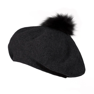 Shop Popski London Bella Beret Fur Pom Pom Hat Black With Black Fur Pom Pom