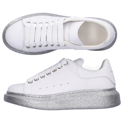 Shop Alexander Mcqueen Low-top Sneakers Larry Calfskin Logo Silver White