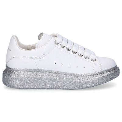 Shop Alexander Mcqueen Low-top Sneakers Larry Calfskin Logo Silver White