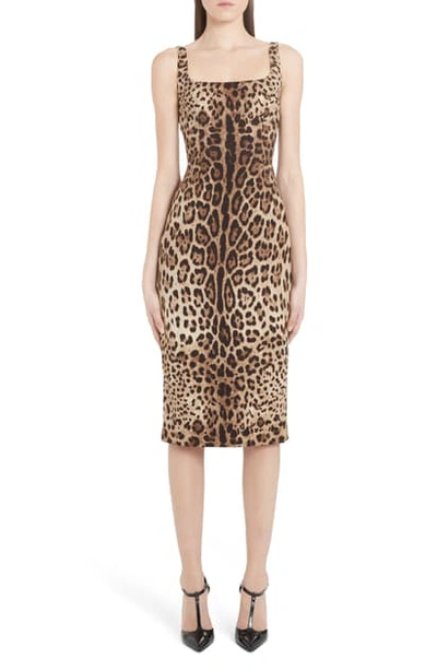 Shop Dolce & Gabbana Leopard Print Stretch Silk Midi Sheath Dress