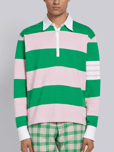 Shop Thom Browne 4-bar Rugby Stripe Oversized Polo In Green