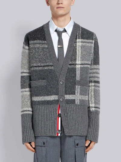 Shop Thom Browne 4-bar Oversized Plaid Cardigan In Grey