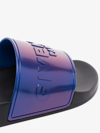 Shop Givenchy Blue Logo-embossed Iridescent Slides In Black