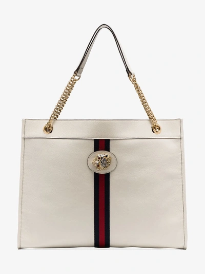 Shop Gucci White Rajah Tiger Embellished Leather Tote Bag