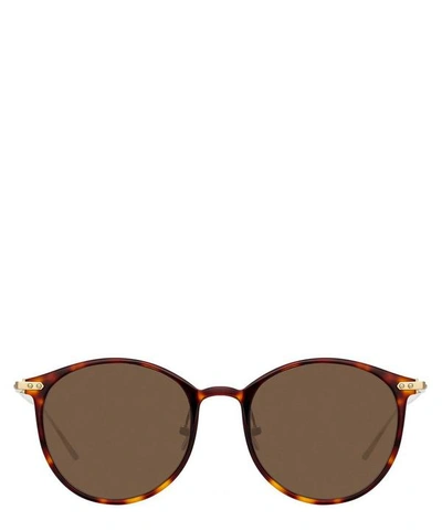 Shop Linda Farrow Linear Gray Oval Sunglasses In Tortoiseshell