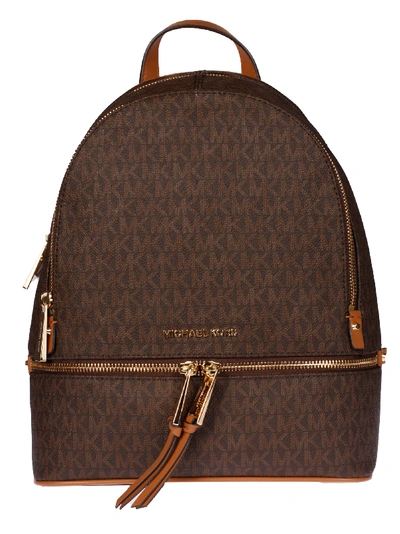Shop Michael Kors Rhea Medium Zipped Initials All-over Print Backpack In Brown