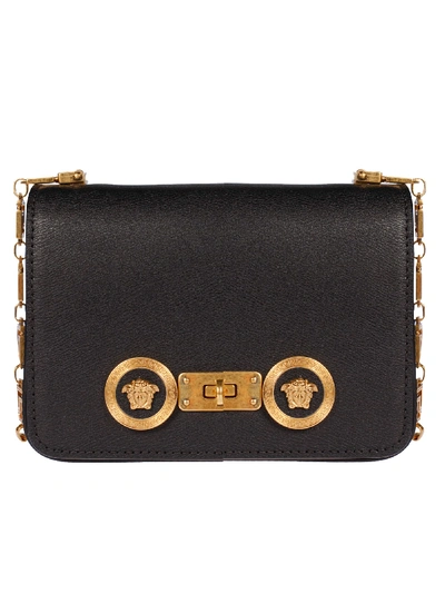 Shop Versace Logo Plaque Shoulder Bag In Black/gold