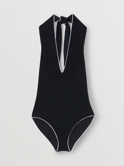 Shop Burberry Piping Detail Halterneck Swimsuit In Black
