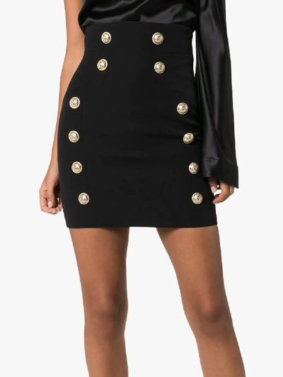 Shop Balmain Buttoned Wool Mini Skirt In Black