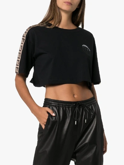 Shop Fendi Ff Logo Stripe Cotton Crop T-shirt In Black