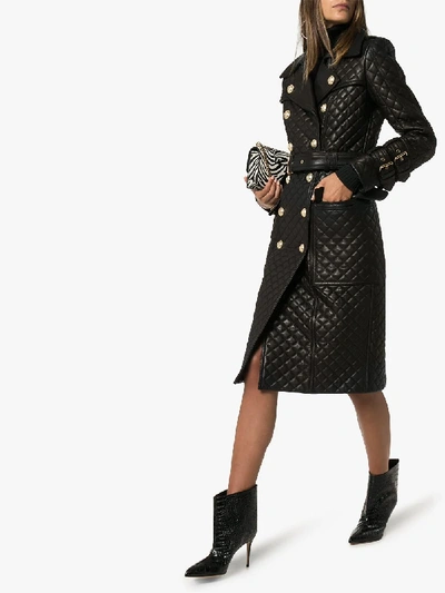Shop Balmain Quilted Double-breasted Leather Trench Coat In Black
