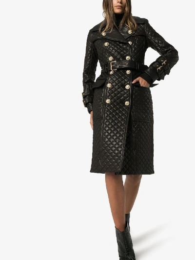 Shop Balmain Quilted Double-breasted Leather Trench Coat In Black