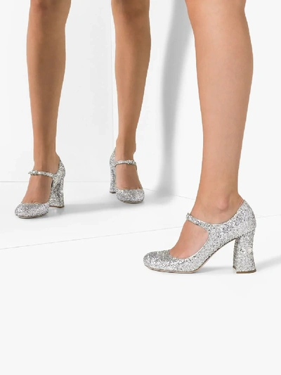 Shop Miu Miu Mary Janes In Glitter-optik In Metallic