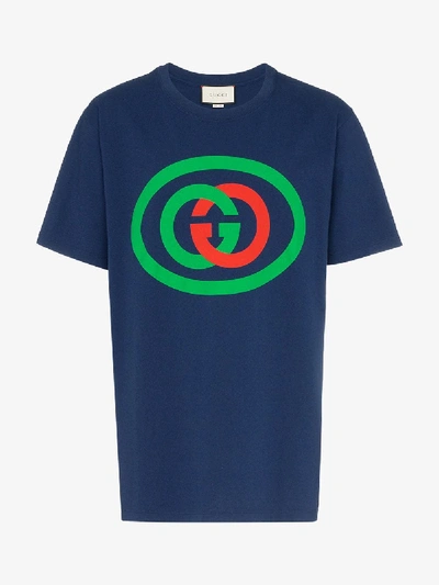 Shop Gucci Logo Print Cotton T-shirt In Blue