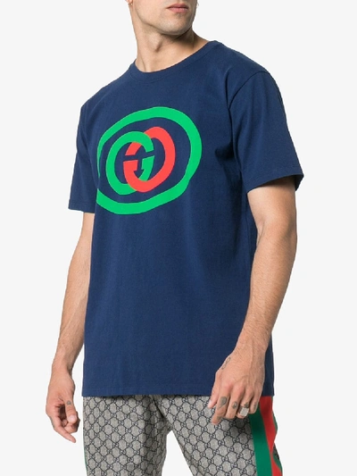 Shop Gucci Logo Print Cotton T-shirt In Blue