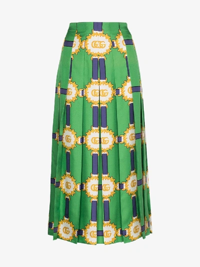Shop Gucci Printed Logo Pleated Silk Skirt In Green
