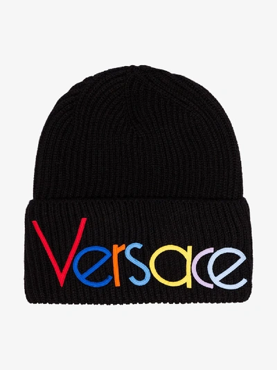 Shop Versace Black Rainbow Logo Beanie Hat