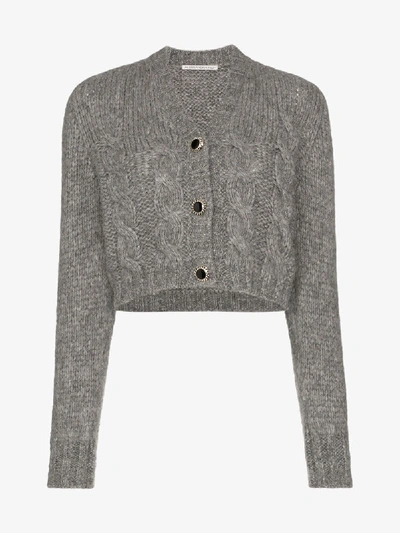 Shop Alessandra Rich Jewel Button Cropped Knit Cardigan In Grey
