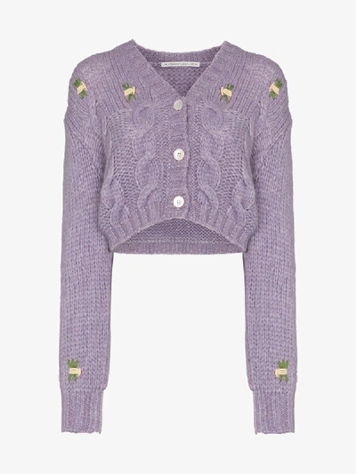 Shop Alessandra Rich Embroidered Floral Cropped Cardigan In Purple