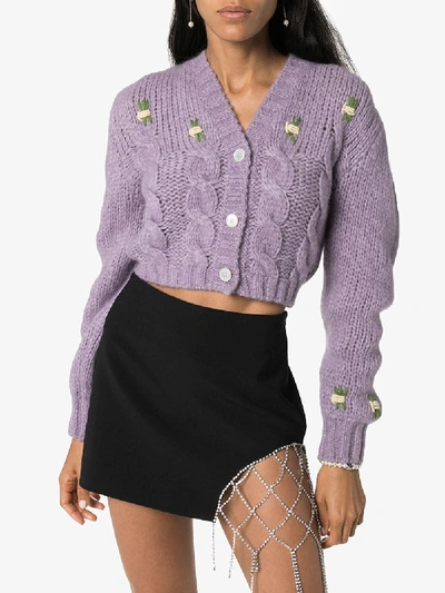 Shop Alessandra Rich Embroidered Floral Cropped Cardigan In Purple