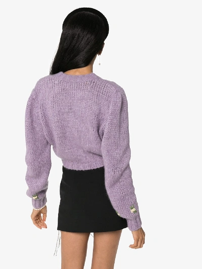 Shop Alessandra Rich Embroidered Floral Cropped Cardigan In Purple