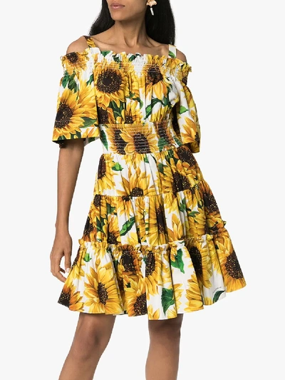 Shop Dolce & Gabbana Sunflower Print Cotton Off-the-shoulder Dress In Multicolour
