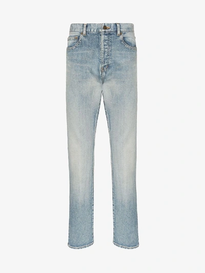 Shop Saint Laurent Straight Leg Frayed Hem Jeans In Blue
