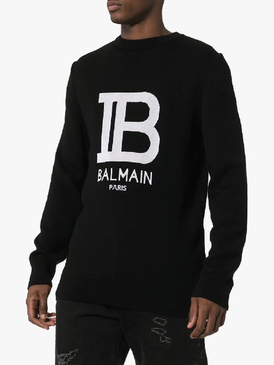 Shop Balmain Logo Intarsia Sweater In Black