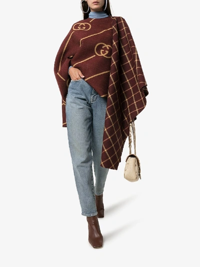 Shop Gucci Gg Motif Asymmetric Wool Cape In Brown