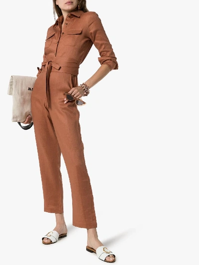 Shop Usisi Edna Belted Linen Jumpsuit In Brown