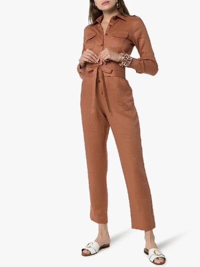 Shop Usisi Edna Belted Linen Jumpsuit In Brown